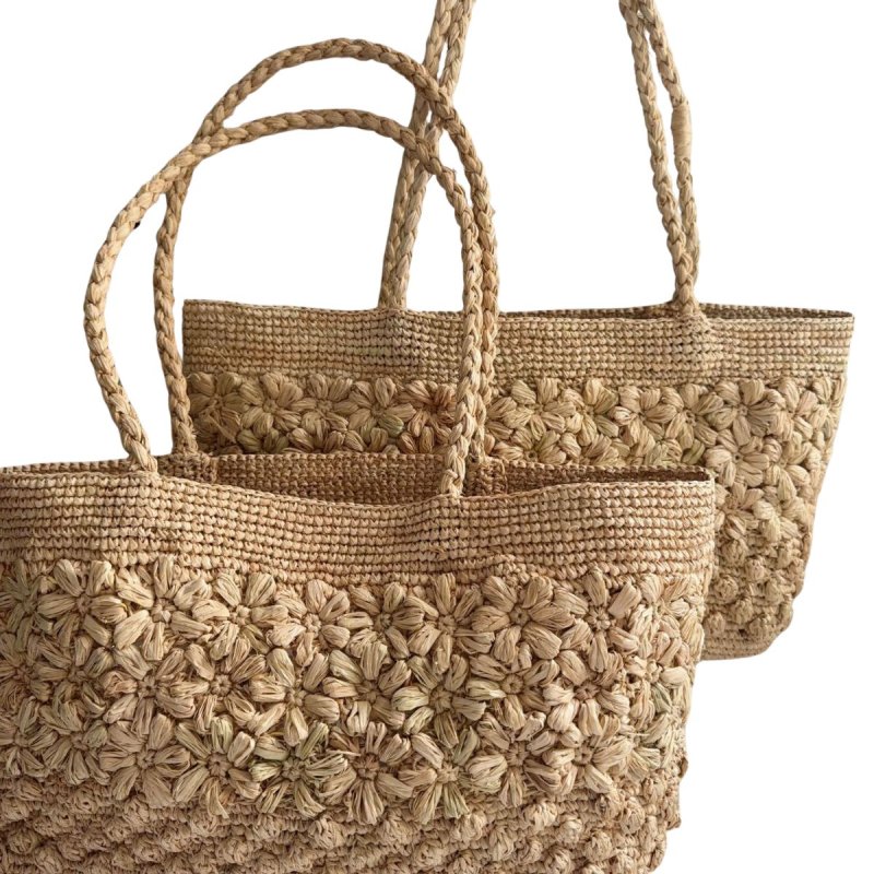 画像4: 3D Flower Raffia Woven Tote Shoulder Basket Bag　3Dフラワーラフィア編みフレンチかご籠カゴトートショルダーバッグ (4)