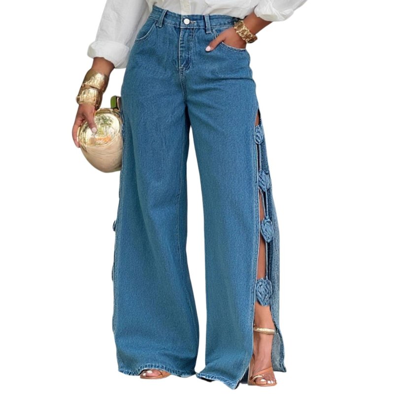 画像1: Women’s Wide-leg Three-dimensional floral slit denim pants　３Dフラワースリットワイド デニムパンツ ジーンズ (1)