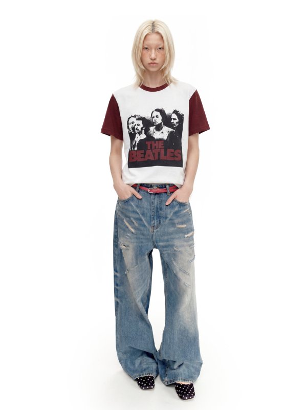 画像2: Unisex EME The Beatles Bedrucktes Oversize T-Shirt im Vintage-Look ユニセックス 男女兼用 ビートルズ ヴィンテージスタイル ダメージ加工 半袖 Tシャツ  (2)