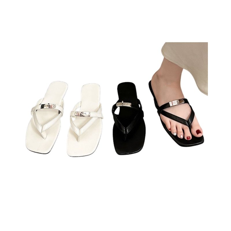 画像4: Square-toe metal buckle women's beach sandals　トングレザースクエアトゥメタルバックル付きサンダル (4)