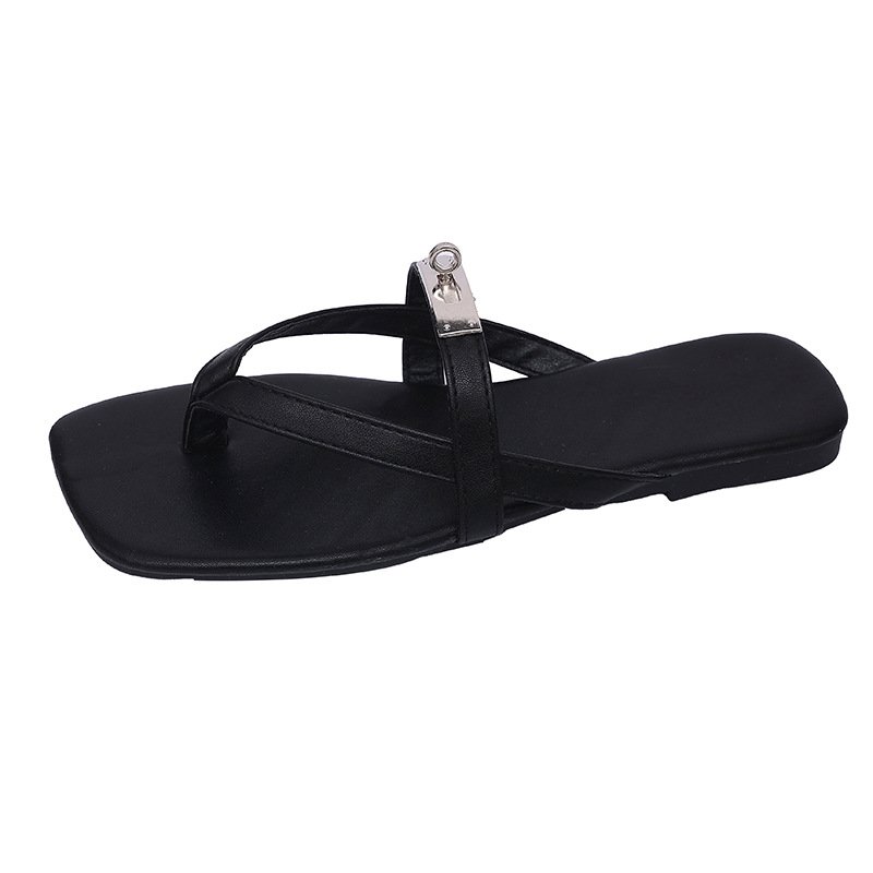 画像1: Square-toe metal buckle women's beach sandals　トングレザースクエアトゥメタルバックル付きサンダル (1)