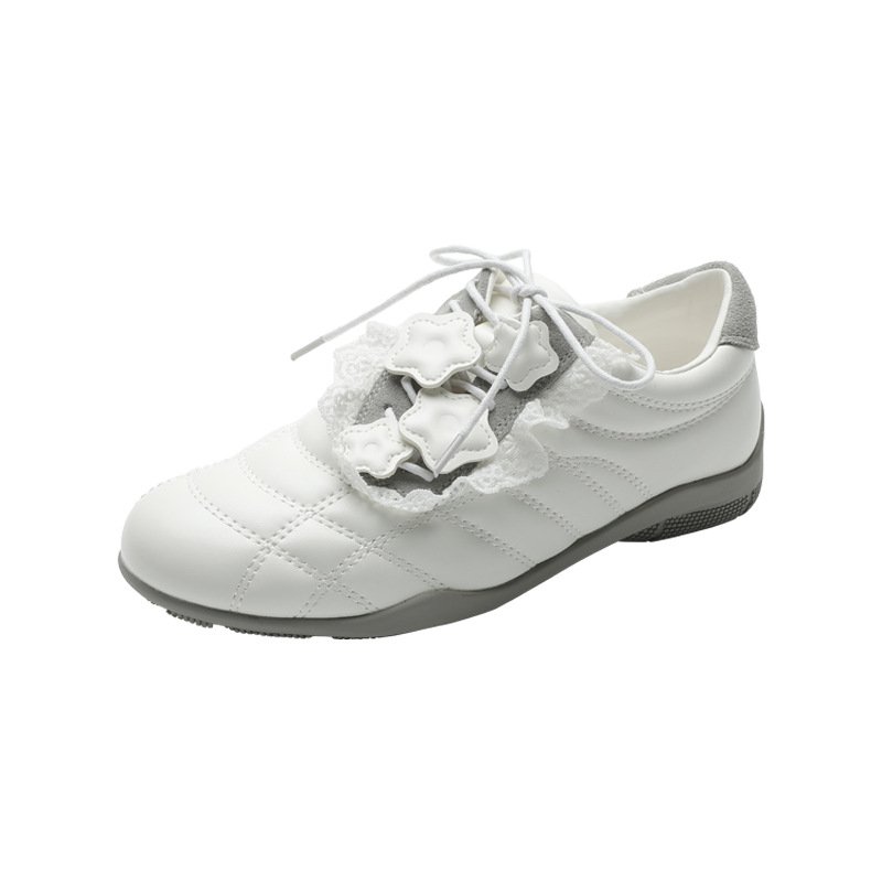 画像1: Ｗomen's Lace and small floral embellished quilted leather sneakers レース＆スモールフラワーキルティングレザー斜めレースアップスニーカー (1)