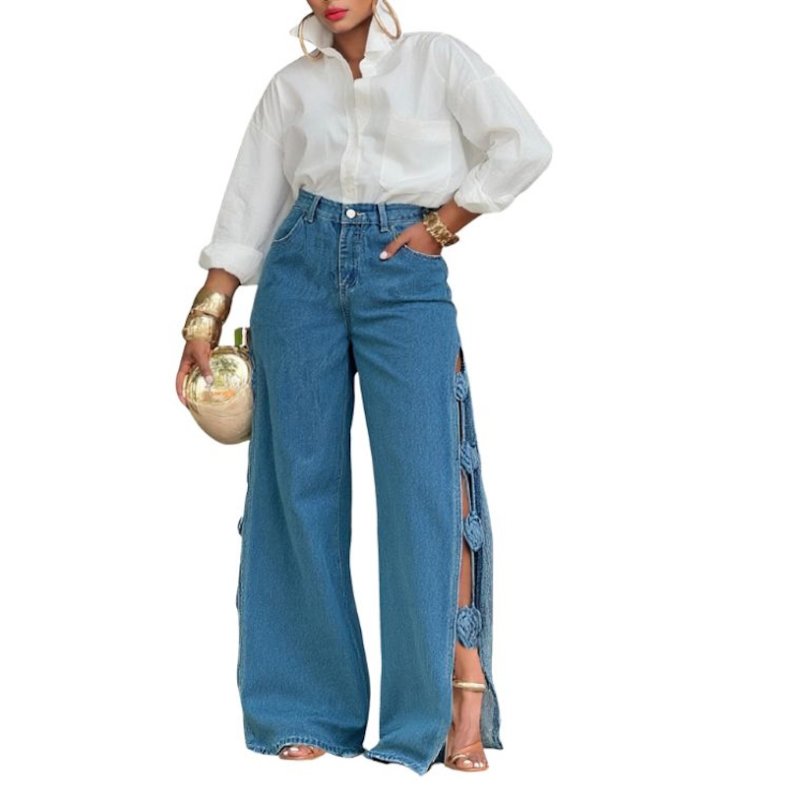 画像2: Women’s Wide-leg Three-dimensional floral slit denim pants　３Dフラワースリットワイド デニムパンツ ジーンズ (2)