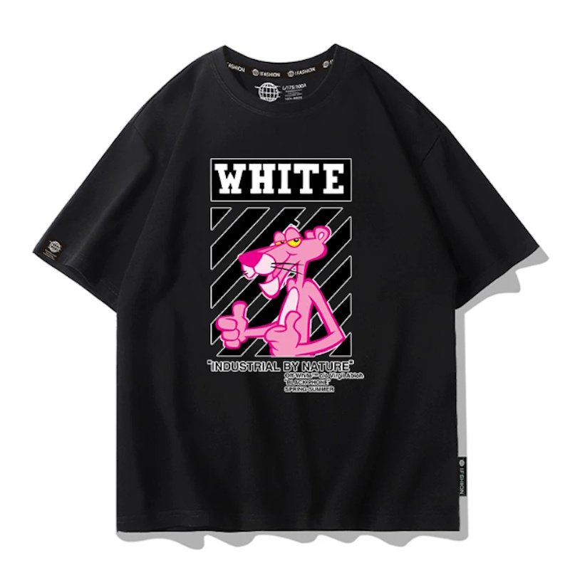 画像1: White Pink Panther Print Short-Sleeve T-Shirt　ユニセックス 男女兼用white ピンクパンサープリント半袖Tシャツプリント  (1)