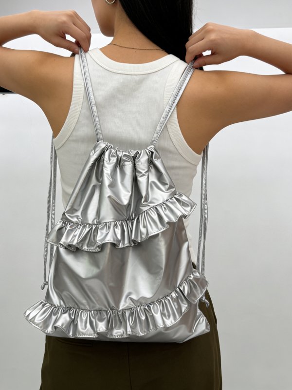 画像3: Unisex Frill Silver Metallic Backpack Tote Shoulder Bag　ユニセックス男女兼用フリル付シルバーメタリックバックパックトートショルダーバッグ (3)