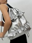 画像2: Unisex Frill Silver Metallic Backpack Tote Shoulder Bag　ユニセックス男女兼用フリル付シルバーメタリックバックパックトートショルダーバッグ (2)