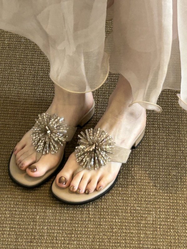 画像8: Fairy Rhinestone Pom Pom Leather Thong Sandals　 フェアリーラインストーンポンポンレザートングサンダル (8)