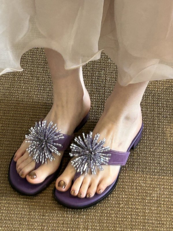 画像7: Fairy Rhinestone Pom Pom Leather Thong Sandals　 フェアリーラインストーンポンポンレザートングサンダル (7)