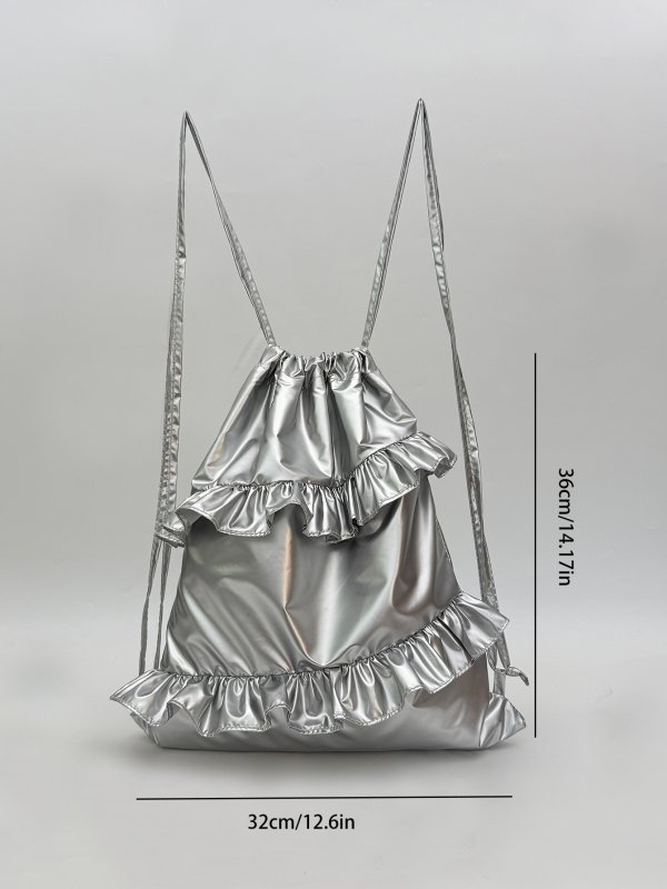 画像5: Unisex Frill Silver Metallic Backpack Tote Shoulder Bag　ユニセックス男女兼用フリル付シルバーメタリックバックパックトートショルダーバッグ (5)