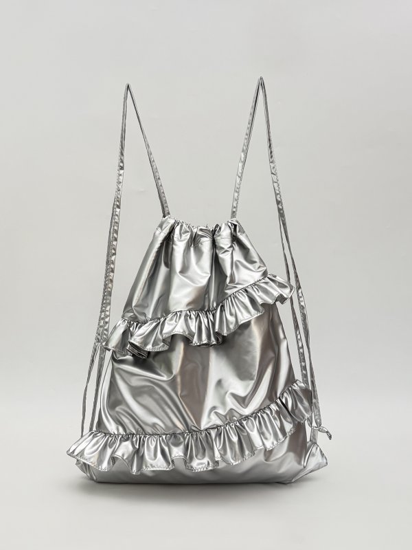 画像6: Unisex Frill Silver Metallic Backpack Tote Shoulder Bag　ユニセックス男女兼用フリル付シルバーメタリックバックパックトートショルダーバッグ (6)