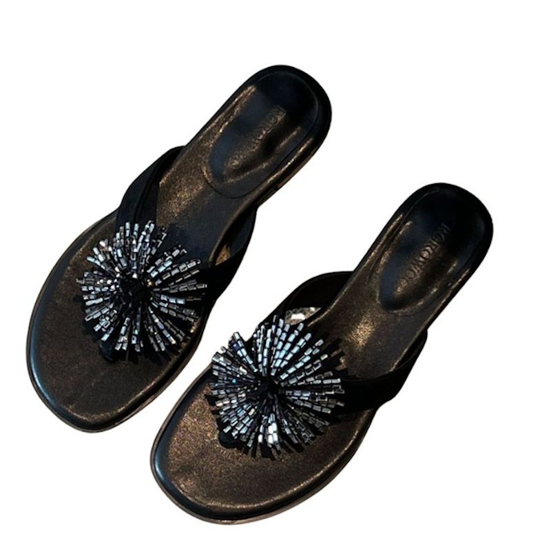 画像1: Fairy Rhinestone Pom Pom Leather Thong Sandals　 フェアリーラインストーンポンポンレザートングサンダル (1)
