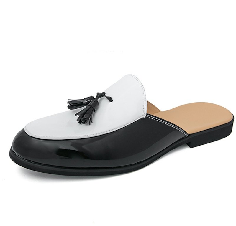 画像1: Mens Unisex Leather two-tone tassel & chain metal Sandal slippers flat single shoes  フラットレザーバイカラータッセル＆チェーンメタルサンダルスリッパ ローファー シューズ (1)