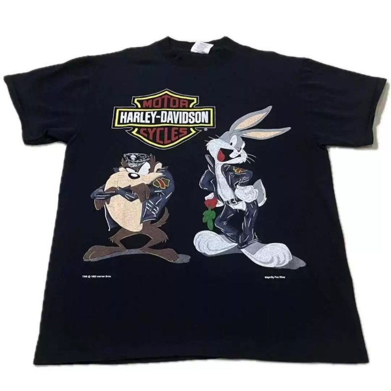 画像2: Bugs Bunny x Tasmanian Devil x Harley-Davidson Vintage Style Short-Sleeve T-Shirt ユニセックス 男女兼用バックスバニー×タズマニアン・デビルxハーレーダビッドソンヴィンテージスタイルプリントTシャツ (2)