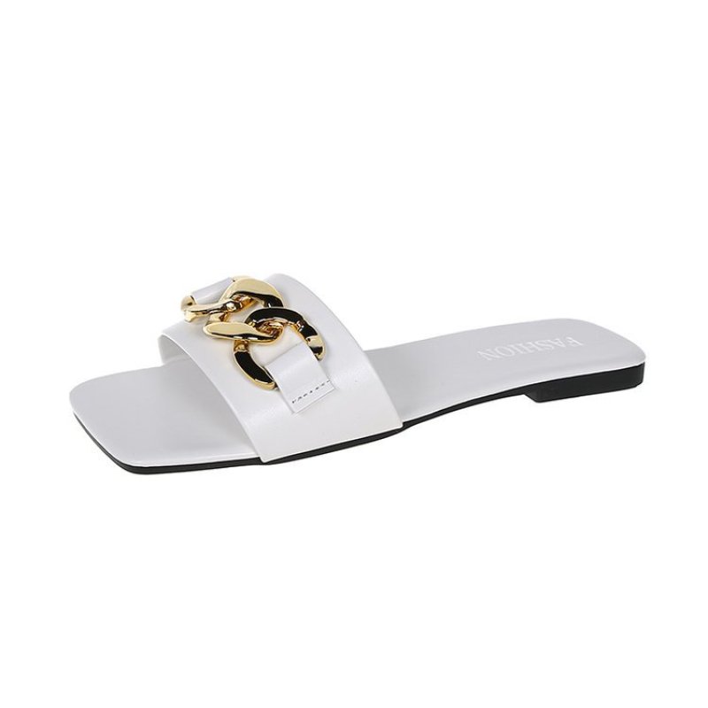 画像1: Metallic Chain Flat Leather Sandal Slippers shoes  メタリックチェーン付きフラットレザーサンダル スリッパ  シューズ　 (1)