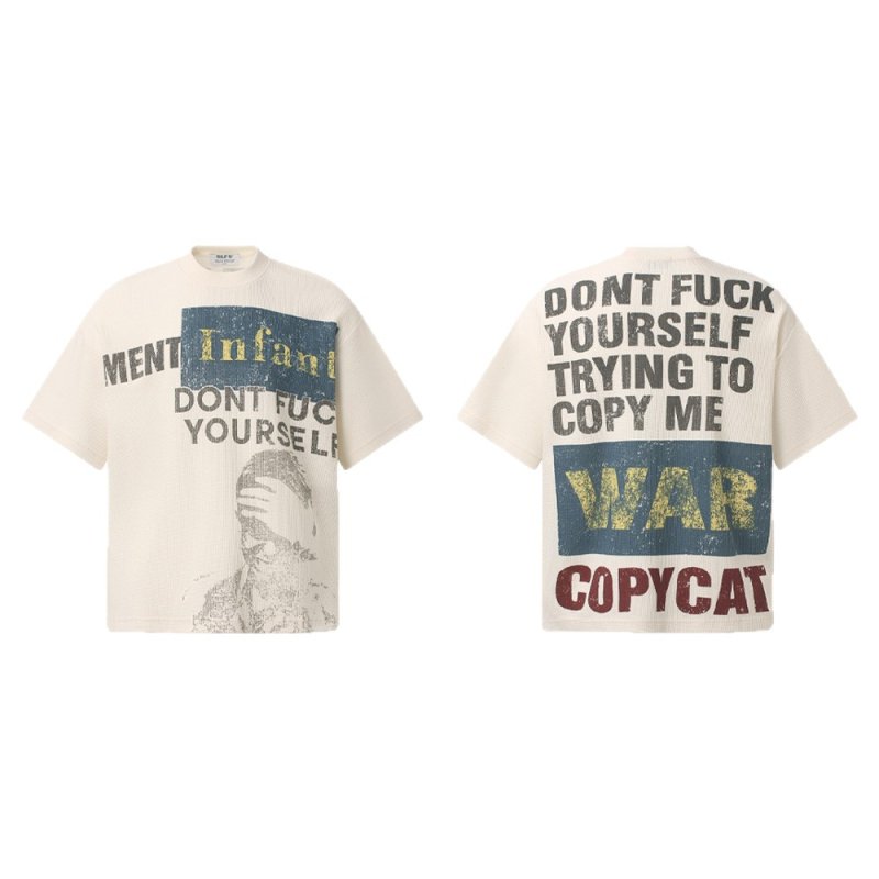 画像1: GLFS Waffle Slogan Print Short-Sleeve T-Shirt  ユニセックス 男女兼用アメリカンスローガンプリント半袖ワッフルTシャツ (1)