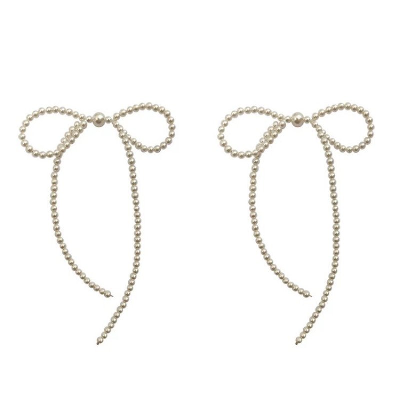 画像7: Pearl ribbon stud earrings, long tassel earrings　パールリボンスタッドピアスロングタッセルピアス イアリング (7)
