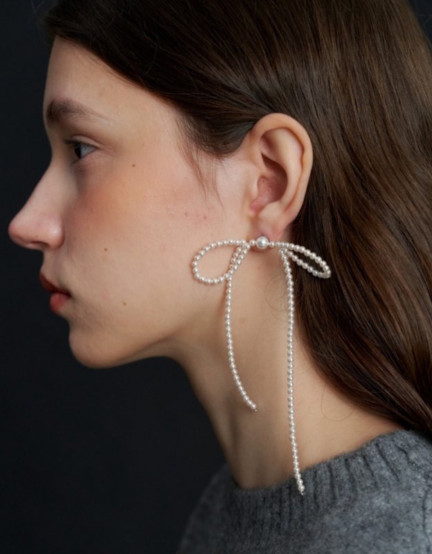 画像6: Pearl ribbon stud earrings, long tassel earrings　パールリボンスタッドピアスロングタッセルピアス イアリング (6)