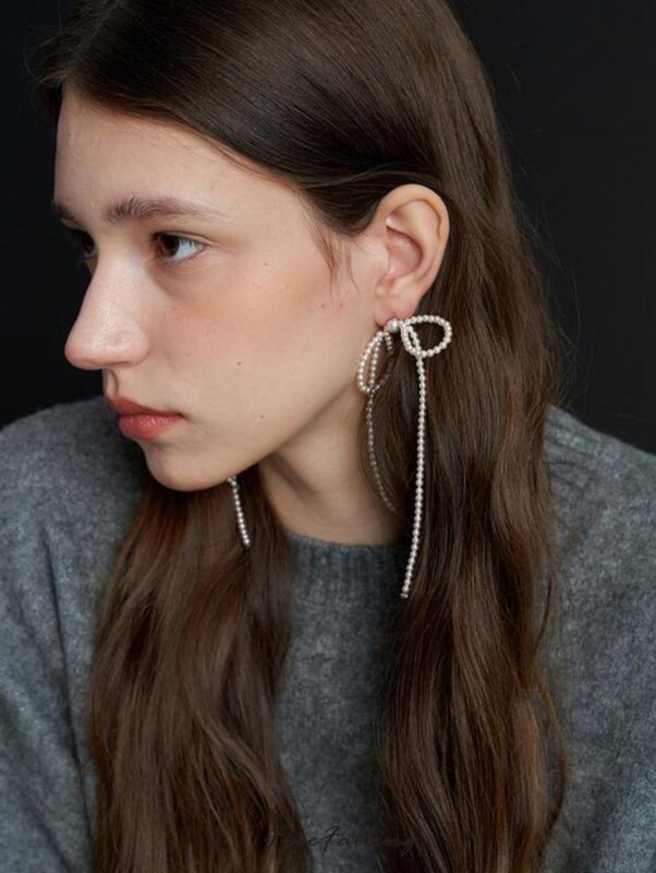 画像2: Pearl ribbon stud earrings, long tassel earrings　パールリボンスタッドピアスロングタッセルピアス イアリング (2)