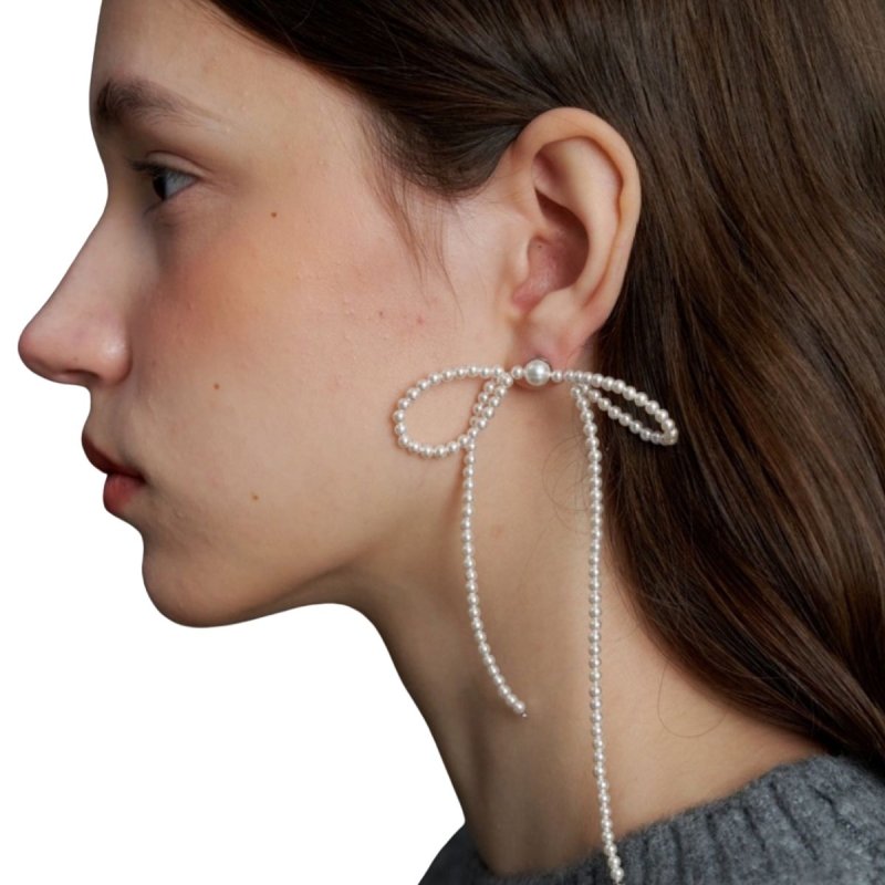 画像1: Pearl ribbon stud earrings, long tassel earrings　パールリボンスタッドピアスロングタッセルピアス イアリング (1)