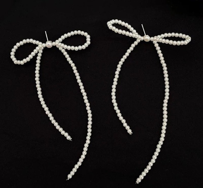 画像8: Pearl ribbon stud earrings, long tassel earrings　パールリボンスタッドピアスロングタッセルピアス イアリング (8)