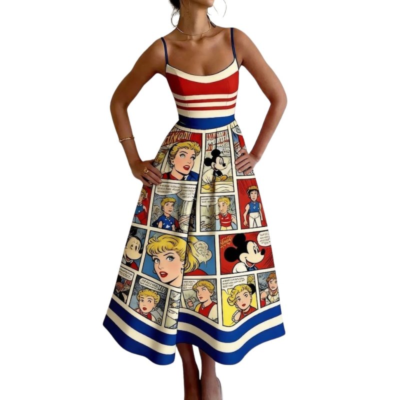 画像2: Women's Mickey Minny 80's 3D print comic cartoon printed dress ミッキー ミニー グラフィックペイント ロング丈 膝丈ワンピース ドレス (2)