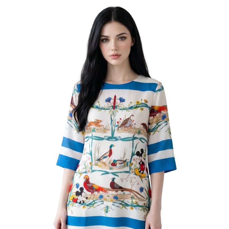 画像1: New Women's Mickey Minny comic cartoon printed dress ミッキー ミニー グラフィックペイント ミディ丈 膝丈ワンピース ドレス (1)