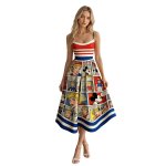 画像1: Women's Mickey Minny 80's 3D print comic cartoon printed dress ミッキー ミニー グラフィックペイント ロング丈 膝丈ワンピース ドレス (1)