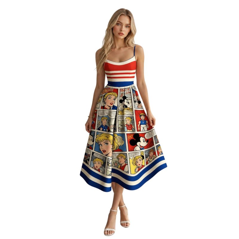 画像1: Women's Mickey Minny 80's 3D print comic cartoon printed dress ミッキー ミニー グラフィックペイント ロング丈 膝丈ワンピース ドレス (1)