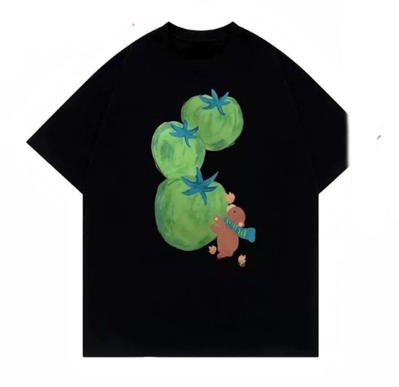 画像1: Green tomatoes and baby bears Short-Sleeve  T-Shirt  ユニセックス 男女兼用グリーントマト＆ベビーベアプリント半袖Tシャツ (1)