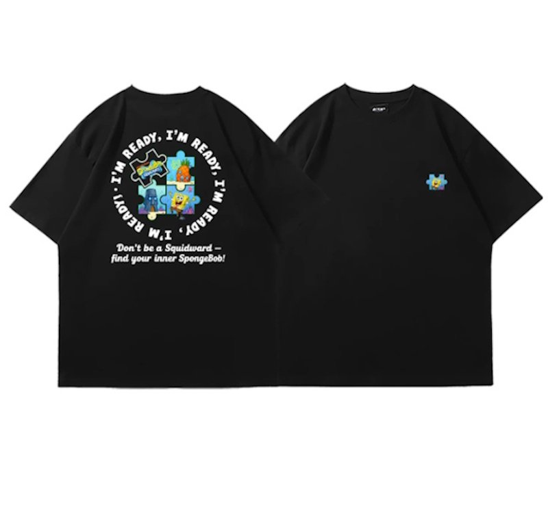 画像1: SpongeBob jigsaw puzzle Short-Sleeve  T-Shirt  ユニセックス 男女兼用スポンジボブジグソーパズルプリント半袖Tシャツ (1)