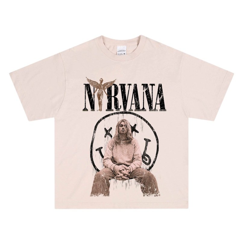 画像1: Nirvana Kurt Cobain & Smile Print round neck short sleeve T-shirt  ユニセックス 男女兼用ニルヴァーナカートコバーン&スマイルヴィンテージスタイル プリントラウンドネック Tシャツ (1)