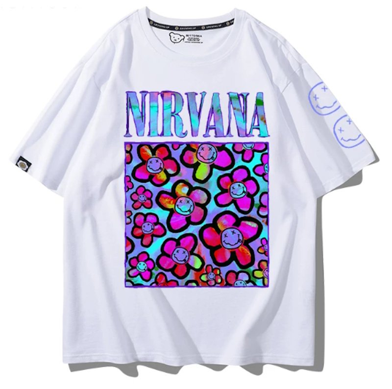 画像1: Unisex Nirvana x Smile Flower Print T-Shirt 男女兼用ニルヴァーナ×フラワースマイルプリント 半袖ラウンドネック Tシャツ ユニセックス 男女兼用 バンドT (1)