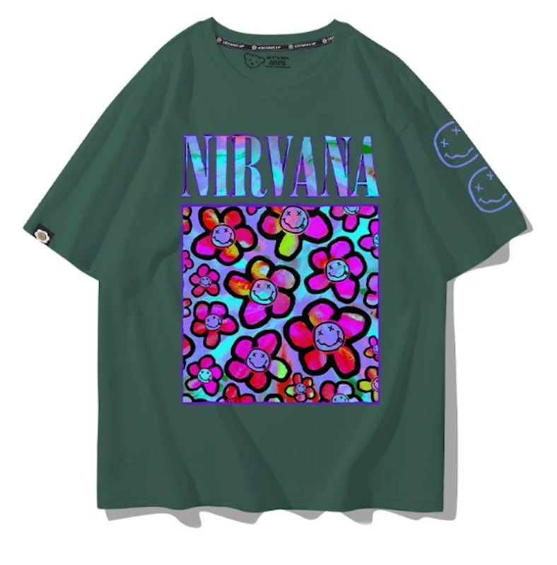 画像7: Unisex Nirvana x Smile Flower Print T-Shirt 男女兼用ニルヴァーナ×フラワースマイルプリント 半袖ラウンドネック Tシャツ ユニセックス 男女兼用 バンドT (7)