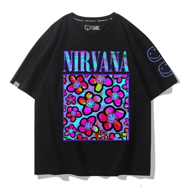 画像4: Unisex Nirvana x Smile Flower Print T-Shirt 男女兼用ニルヴァーナ×フラワースマイルプリント 半袖ラウンドネック Tシャツ ユニセックス 男女兼用 バンドT (4)