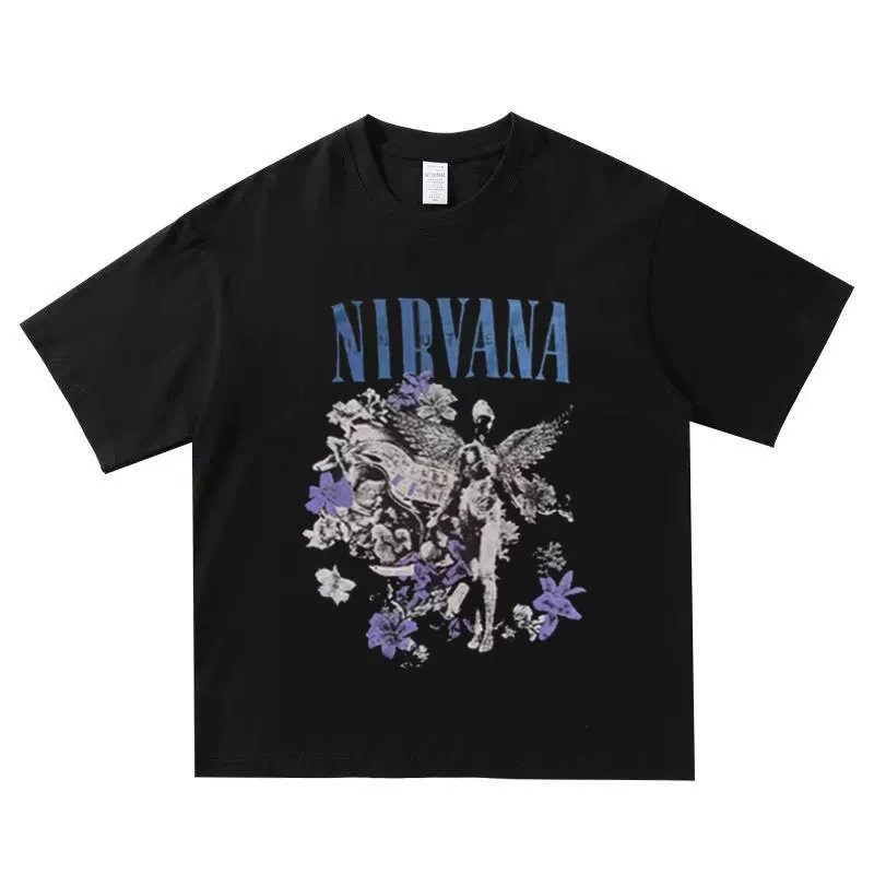画像1: Unisex Nirvana floral Print T-Shirt 男女兼用ニルヴァーナフローラルプリント 半袖ラウンドネック Tシャツ ユニセックス バンドT (1)