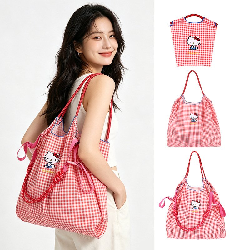 画像2: Kitty embroidered check tote shoulder shopping eco bag　キティー刺繍チェックトートショルダーショッピングエコバッグ (2)