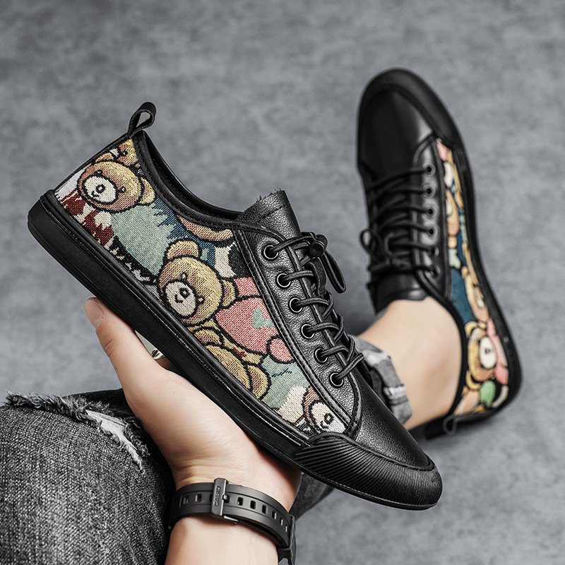 画像2: Unisex Mens bear embroidery Real leather lace-up sneakers  ユニセックス メンズベア熊 刺繍 本革 レザーレースアップ スニーカー (2)