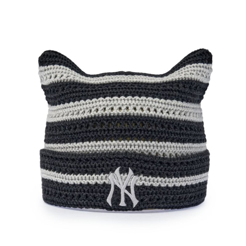 画像2: MLB Korea Summer Crochet Meow Beanie Stripe New York Yankees エムエルビー コリア 猫耳 ミャオン サマーニット帽 帽子 ボーダー NY y2k ニューヨークヤンキース  ビーニー  クロシェット (2)