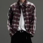 画像2: Red x Gray plaid long-sleeved shirt  ユニセックス 男女兼用 3ラインチェック 長袖ネルシャツ (2)