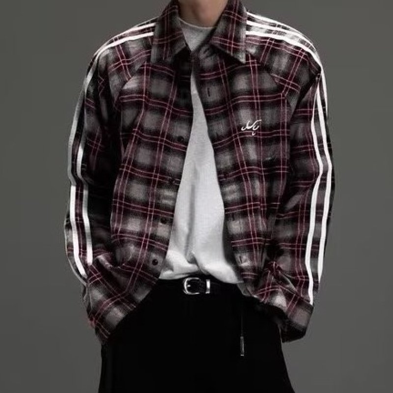 画像2: Red x Gray plaid long-sleeved shirt  ユニセックス 男女兼用 3ラインチェック 長袖ネルシャツ (2)