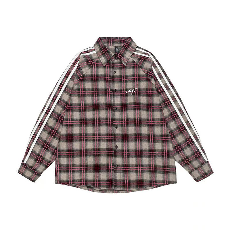 画像1: Red x Gray plaid long-sleeved shirt  ユニセックス 男女兼用 3ラインチェック 長袖ネルシャツ (1)