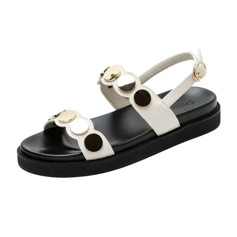 画像1: Trifle thick flat bottom all-match open toe flat roman sandals Slippers shoes 小さいサイズあり メタルポイント バックル サンダル スリッパ エスニック ストラップ ボヘミアン (1)