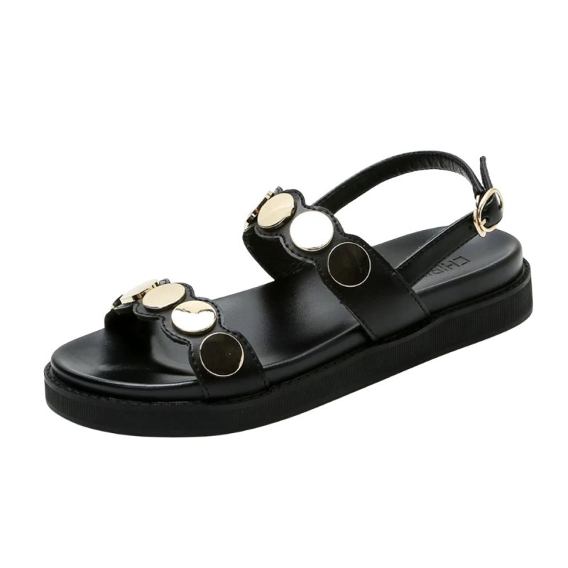画像2: Trifle thick flat bottom all-match open toe flat roman sandals Slippers shoes 小さいサイズあり メタルポイント バックル サンダル スリッパ エスニック ストラップ ボヘミアン (2)