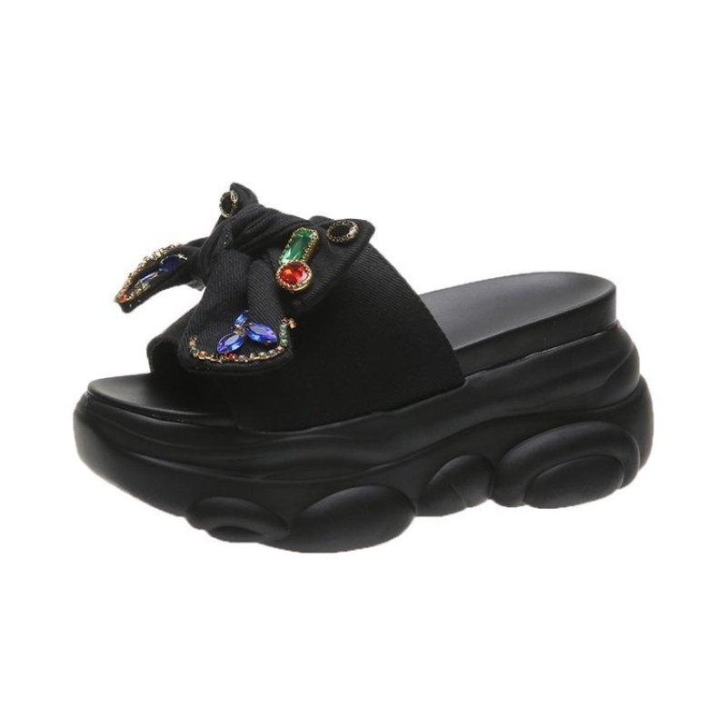 画像1: Women High-heeled Bjoux Stone slippers slippers shower sandals flip-flops slippers 厚底 プラットフォーム ストーン ビジュー リボン & パールサンダル シャワーサンダル　 (1)
