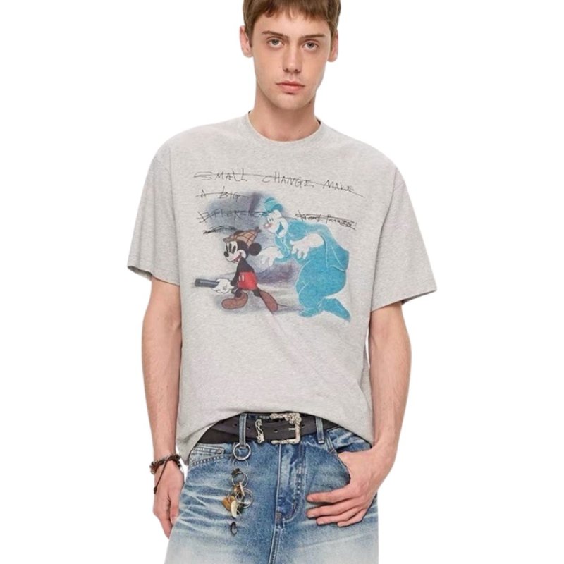 画像1: unisex Vintage Style Washed Mickey Mouse Print T-shirt   　ヴィンテージスタイル ウォッシュミッキーマウスプリント  半袖ラウンドネック Tシャツ ユニセックス 男女兼用 　  (1)