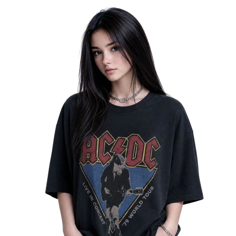 画像2: Unisex washed rock guitar band ACDC loose short sleeve T-shirt 男女兼用 バンドT ユニセックス ウォッシュド ロックギターバンドペイントTシャツ バンドT (2)