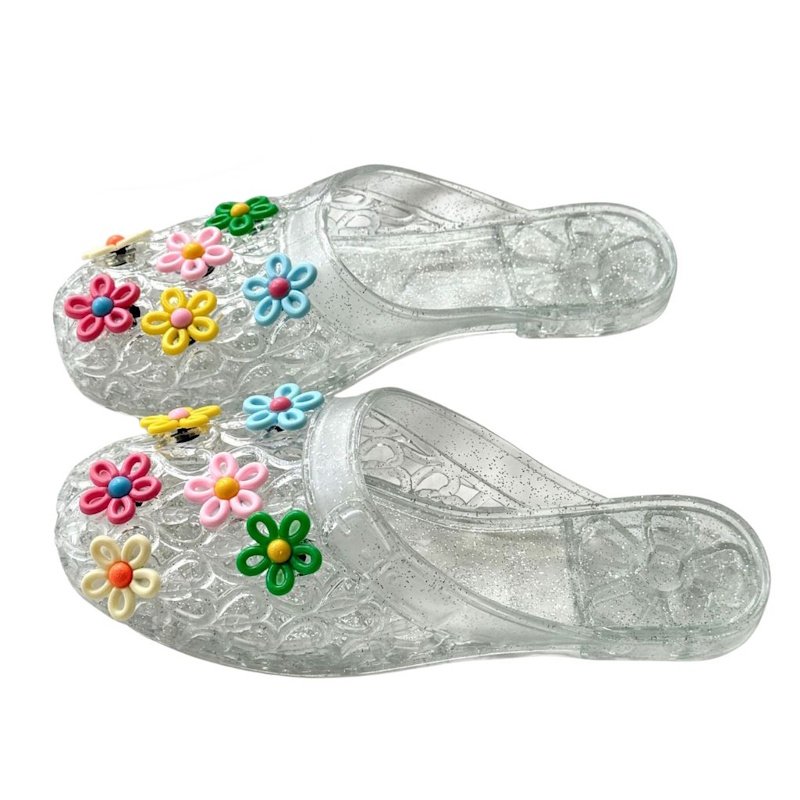 画像1: Women Transparent PVC Flat Sandals with Flower Detail 　フラワーモチーフ付き透明カラーフラットサンダルスリッパ (1)