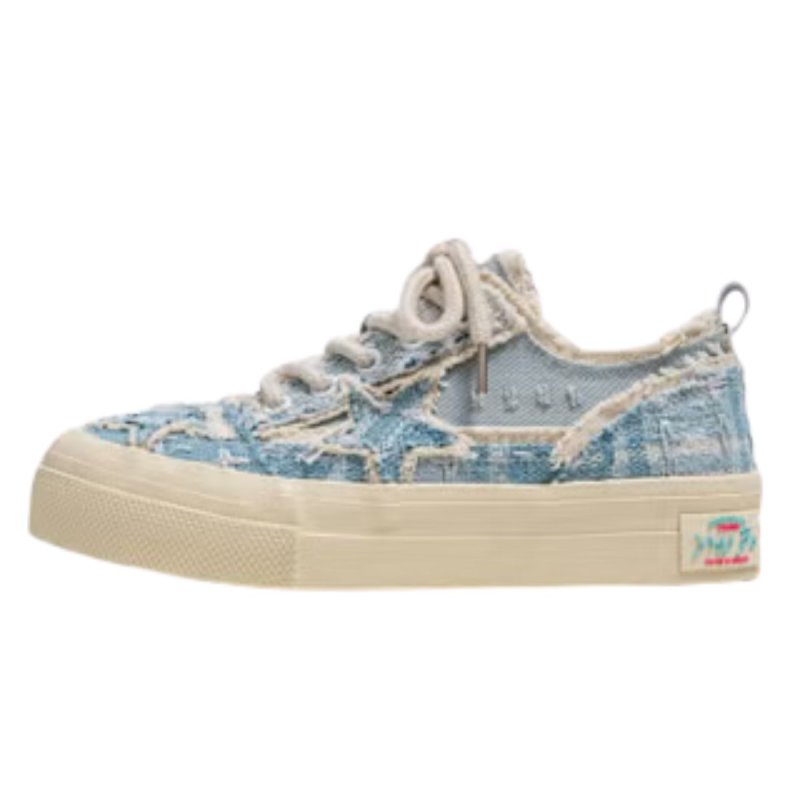 画像1:  Unisex denim tweed & starsLace-up Sneakers  ユニセックス メンズデニムツイード＆星スターレースアップスニーカーシューズ (1)