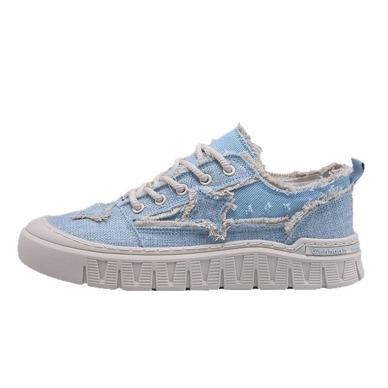 画像1: Unisex denim tweed & starsLace-up Sneakers ユニセックス メンズデニムツイード＆星スターレースアップスニーカーシューズ (1)