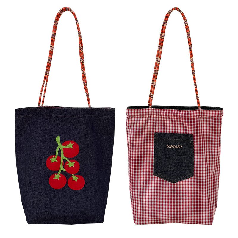 画像1: Reversible Denim & Check Tomato Embroidery Tote Shoulder Shopping Bag　ユニセックス男女兼用 デニム＆チェックリバーシブルトマト刺繍  トートショルダーショッピングエコバッグ (1)